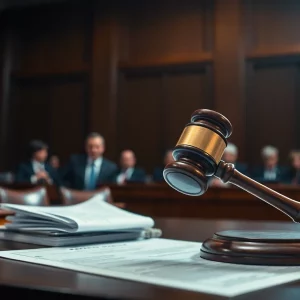 Courtroom scene with gavel and legal papers