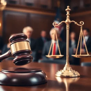 Courtroom with gavel and scales representing justice