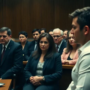Interior of a courtroom during a trial with jurors, judge, and attorneys present