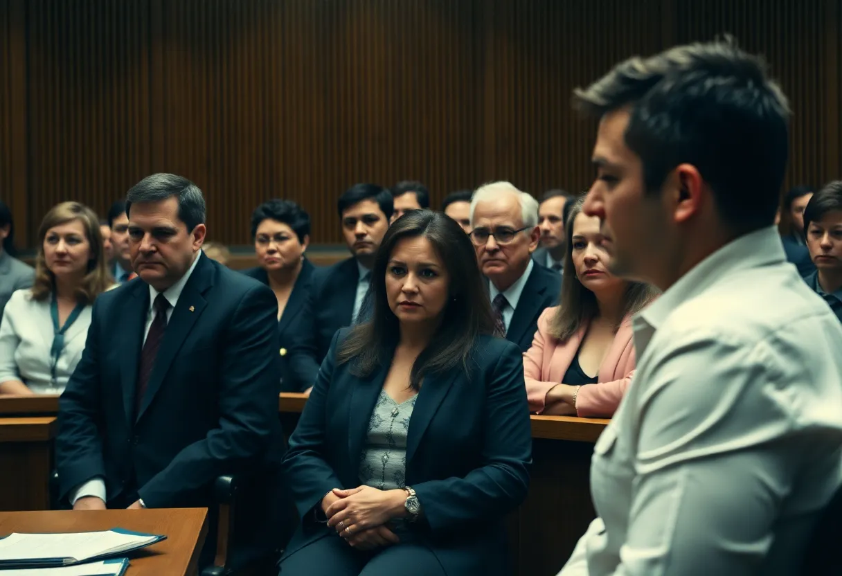 Interior of a courtroom during a trial with jurors, judge, and attorneys present