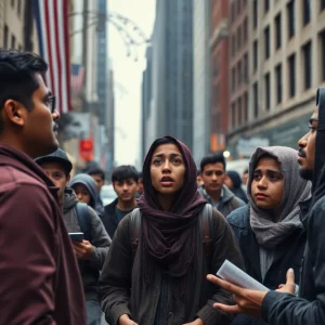 Illustration of immigrants in an American city looking puzzled by a notice regarding their legal status.