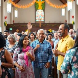 Community gathering during Easter in Greater Boston with joyful attendees and church decorations.