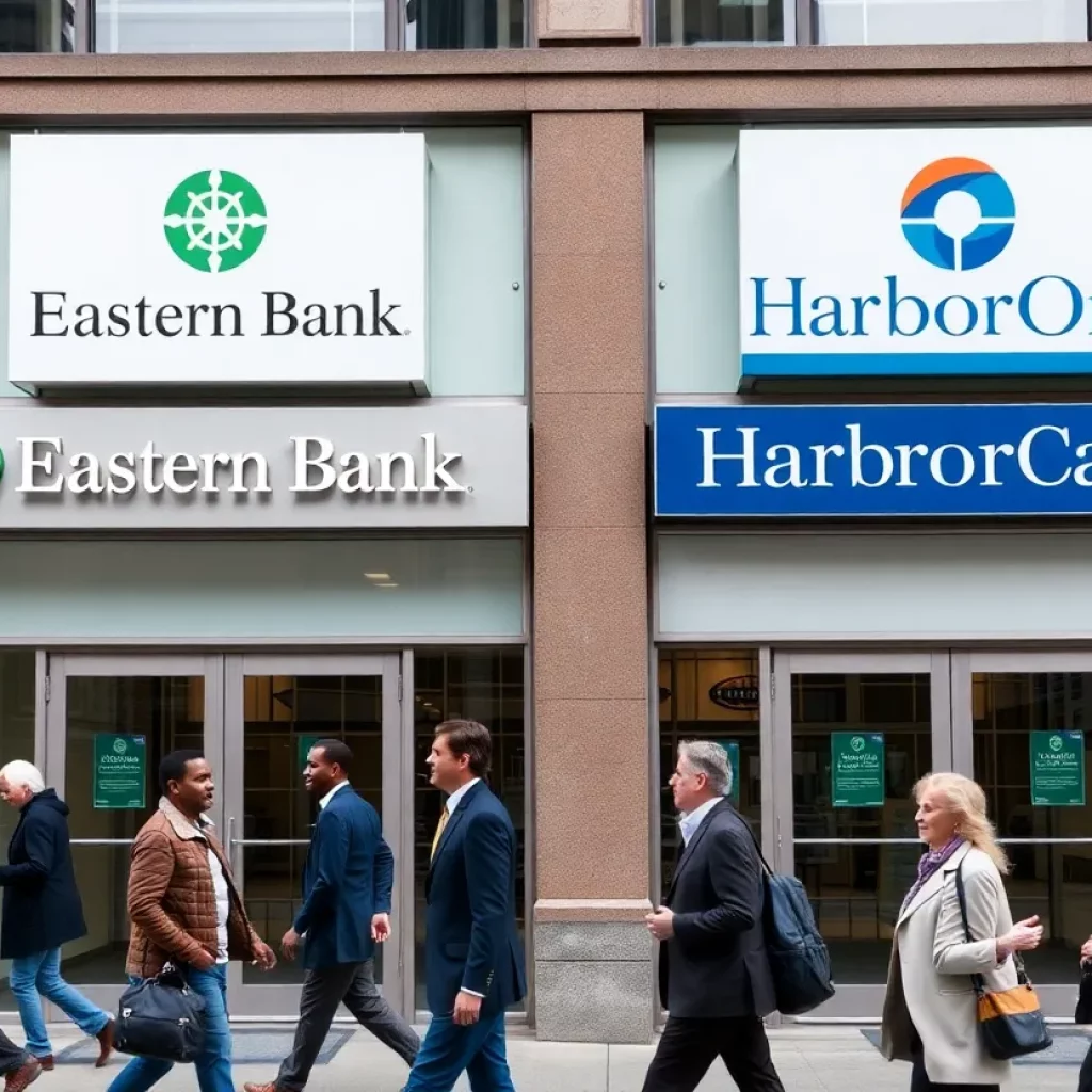 Eastern Bank and HarborOne logos with a diverse community in front
