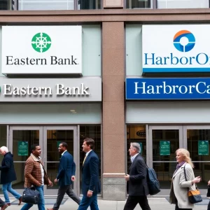 Eastern Bank and HarborOne logos with a diverse community in front