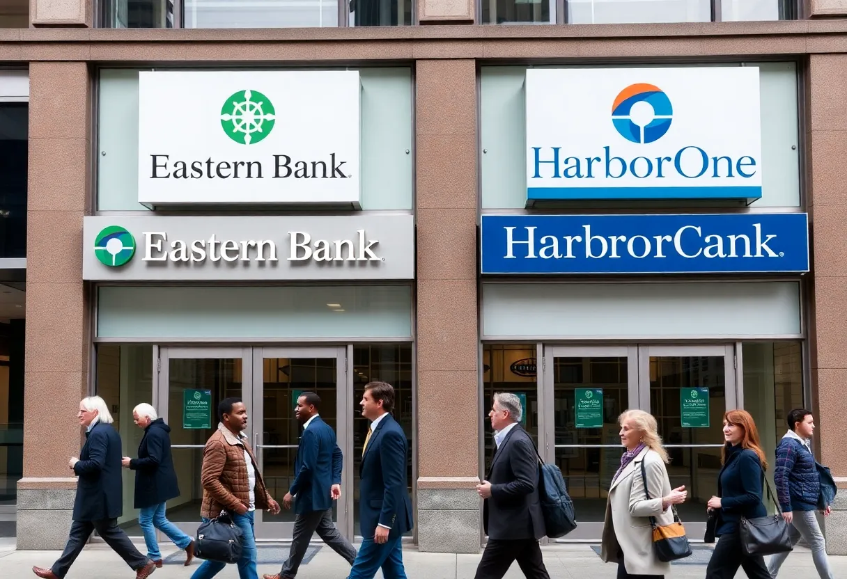 Eastern Bank and HarborOne logos with a diverse community in front