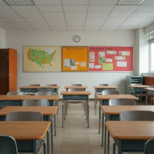Classroom with empty desks representing education budget cuts