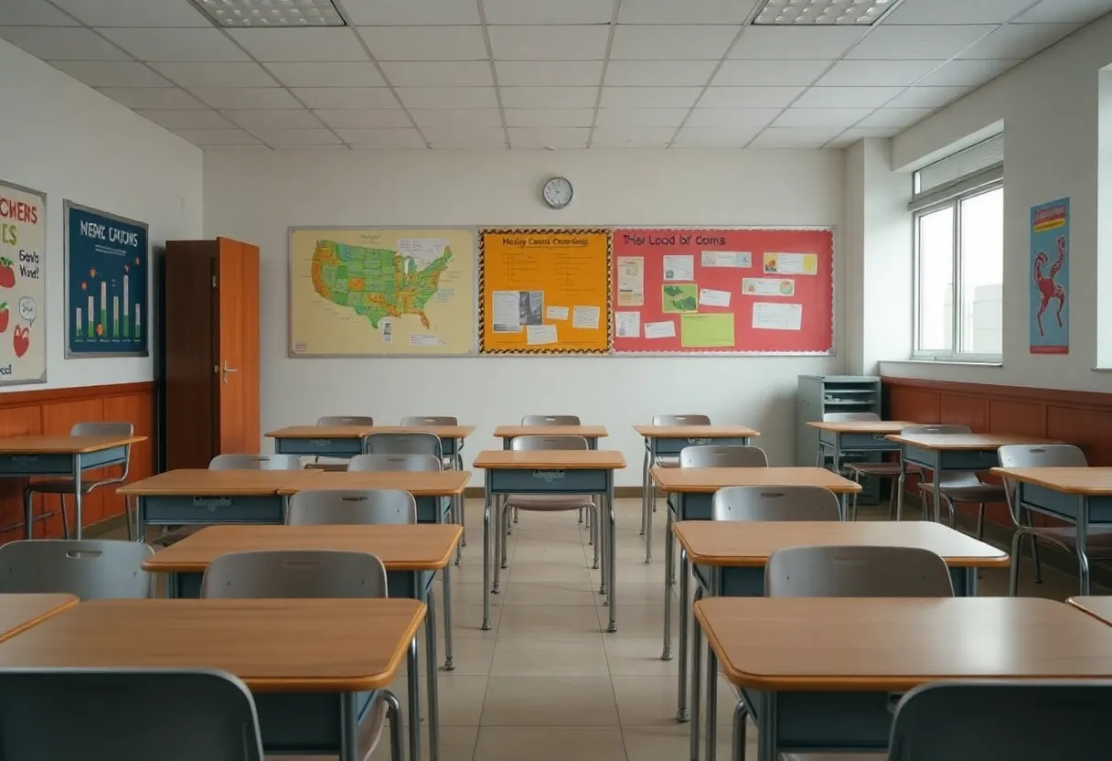 Classroom with empty desks representing education budget cuts