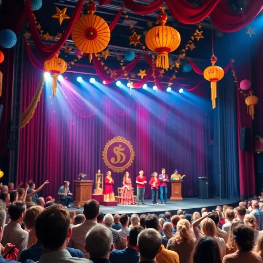 A festive theater scene depicting a celebration with a stage and audience
