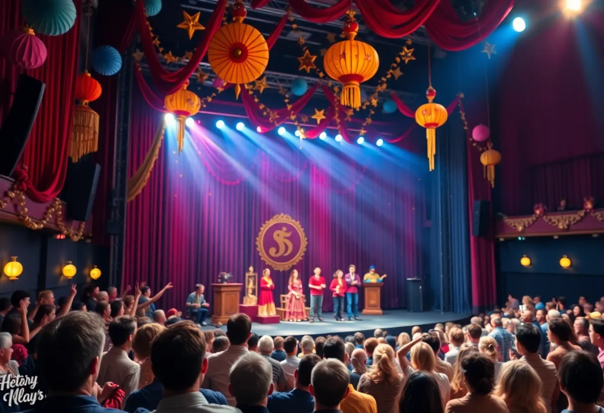 A festive theater scene depicting a celebration with a stage and audience