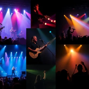 Concert photography showcasing iconic musicians and vibrant music scenes