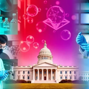 Collage of scientific research and government symbolism