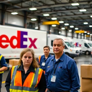 FedEx shipping facility with delivery trucks and employees.