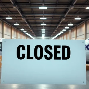 Closed FedEx shipping center with delivery trucks