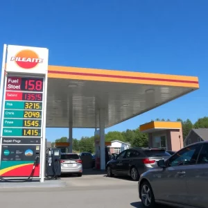 Gas station in Massachusetts with fuel prices displayed