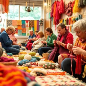 A colorful assortment of fiber arts materials and crafts at the Gather 2025 celebration.