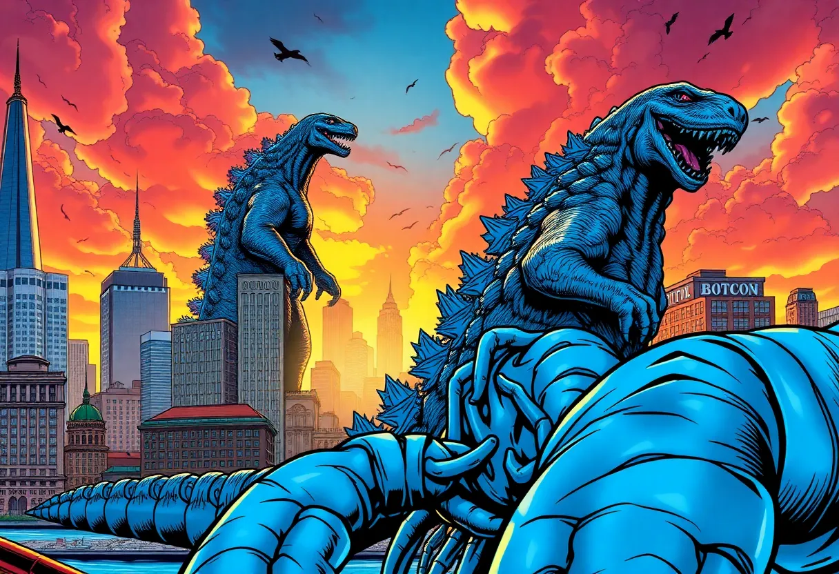 Comic book cover depicting Godzilla and a giant lobster in Boston