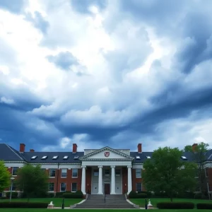 Stormy sky over Harvard University representing funding conflict.