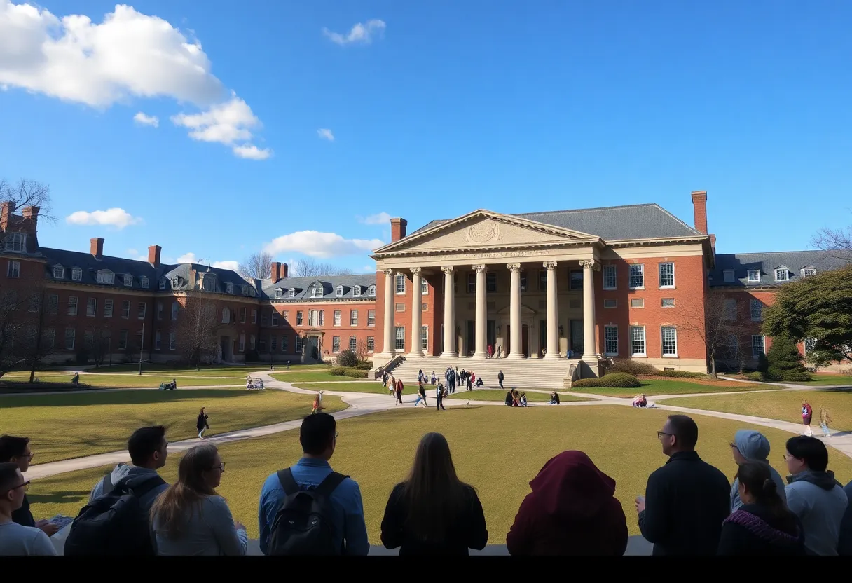 Students discussing on the Harvard University campus amidst academic buildings.