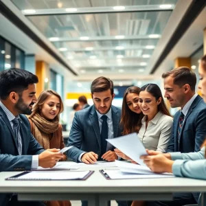 A contemporary banking office with strategic discussions taking place