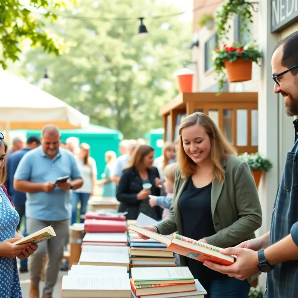 Joyful crowd at an independent bookstore during the celebration