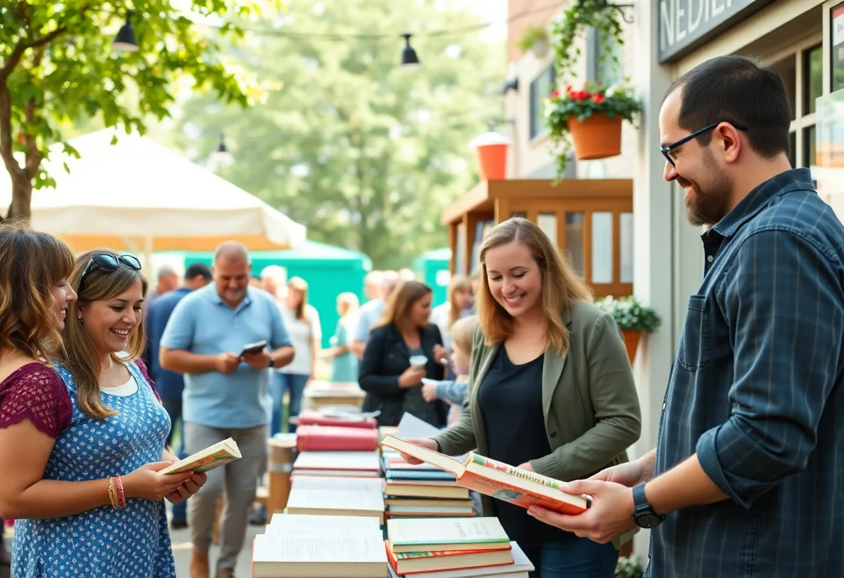 Joyful crowd at an independent bookstore during the celebration