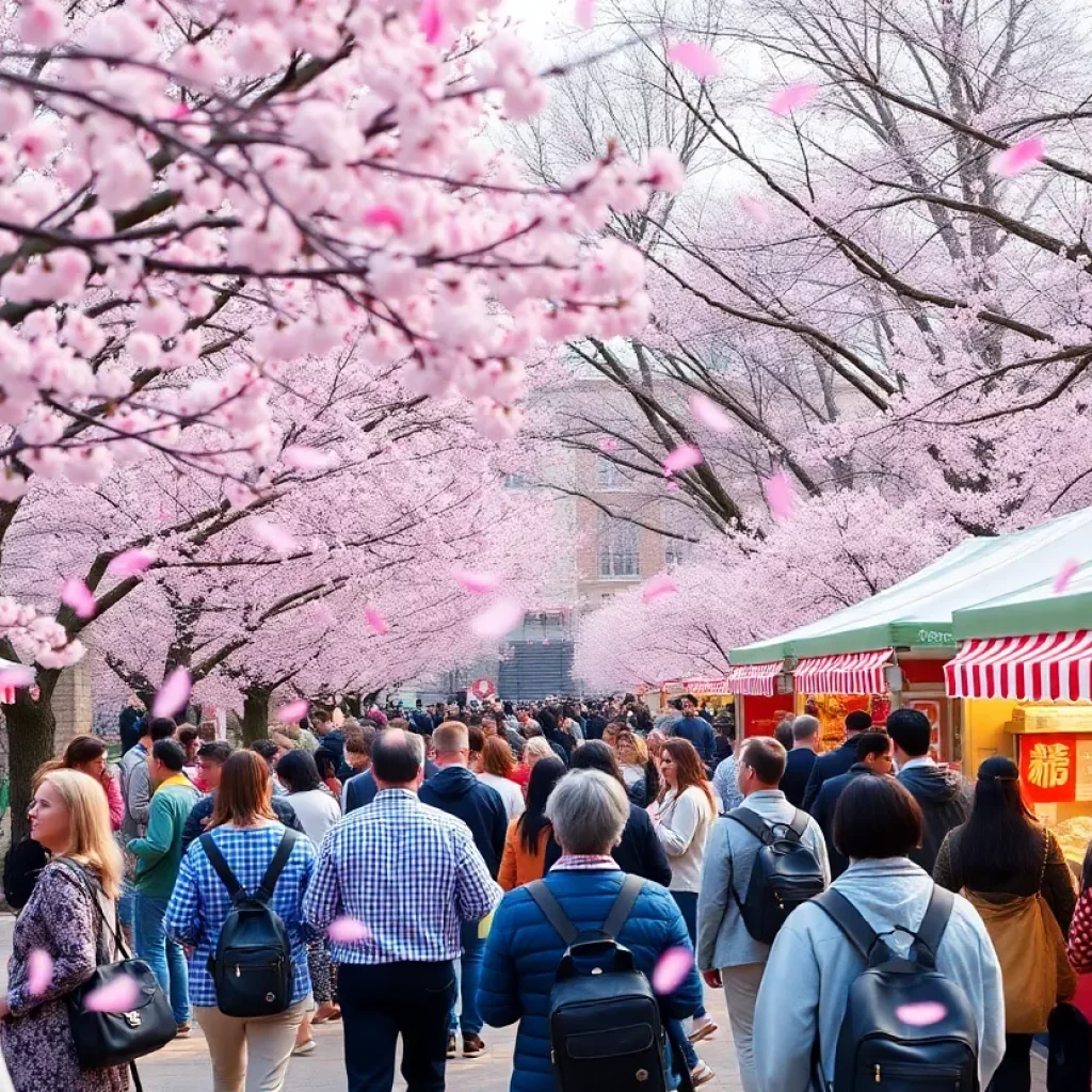 A lively scene from the Japan Festival in Boston with attendees enjoying food and activities under cherry blossom trees.