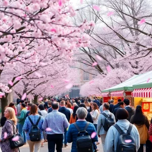 A lively scene from the Japan Festival in Boston with attendees enjoying food and activities under cherry blossom trees.