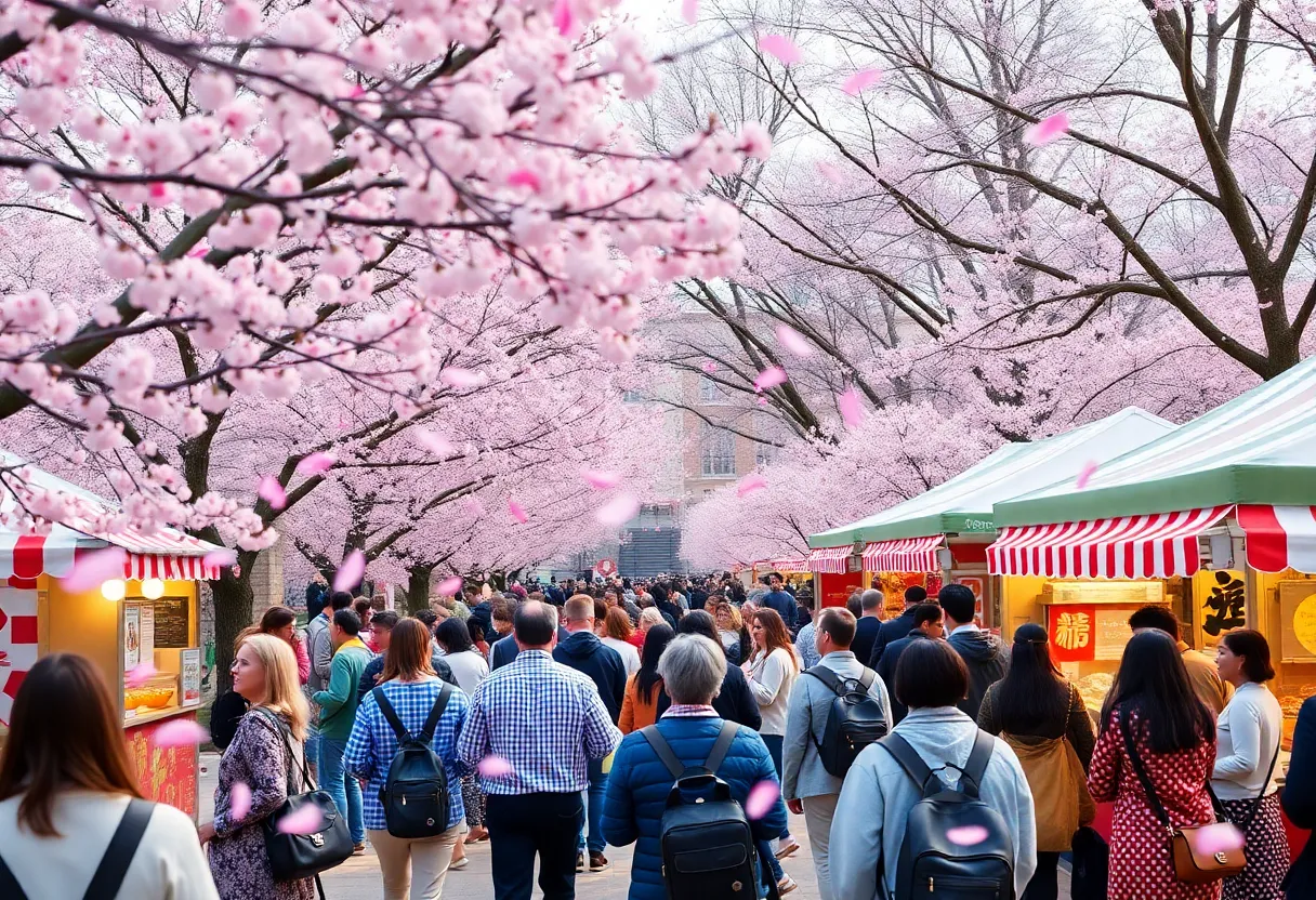 A lively scene from the Japan Festival in Boston with attendees enjoying food and activities under cherry blossom trees.