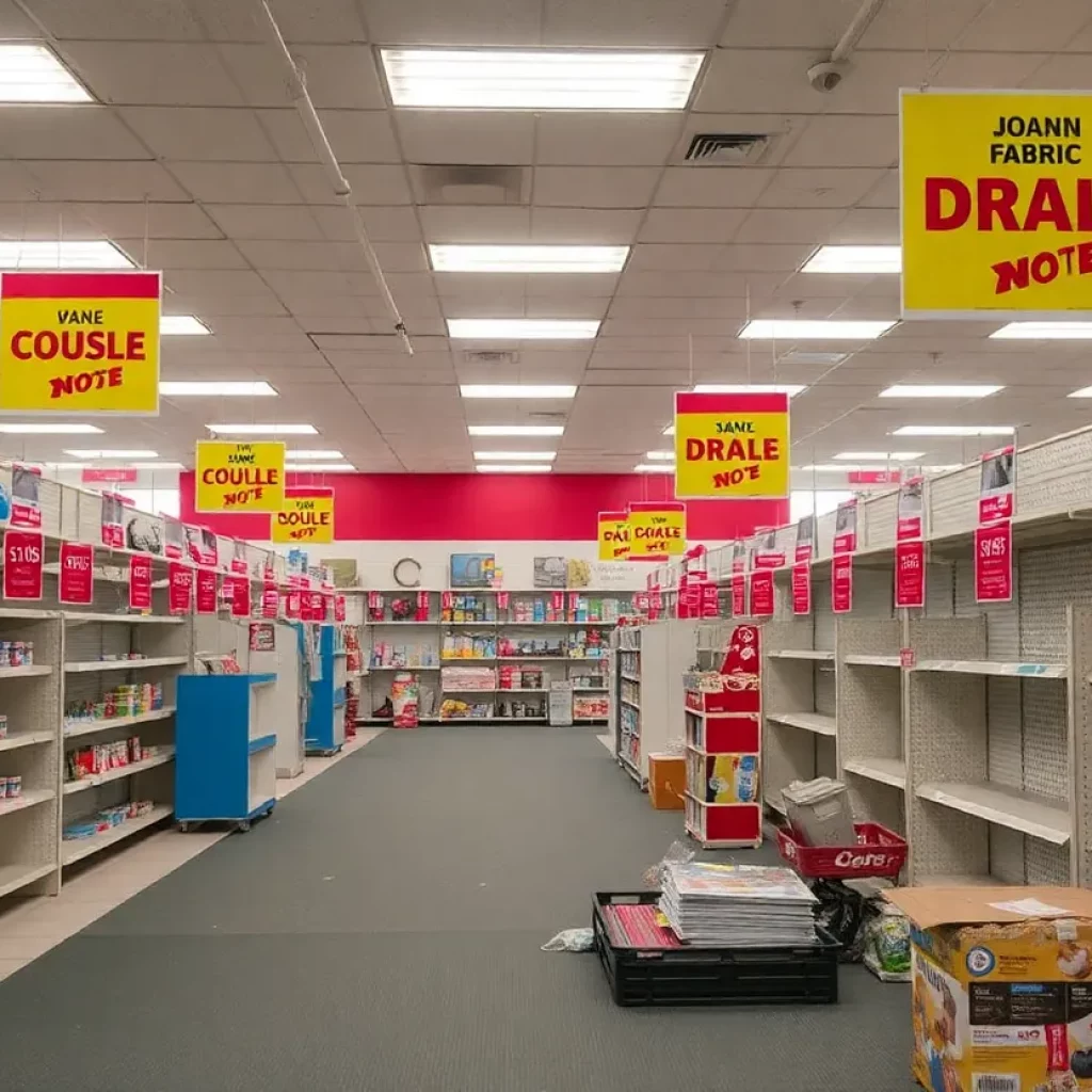 Inside a closed Joann Fabric store with clearance signs