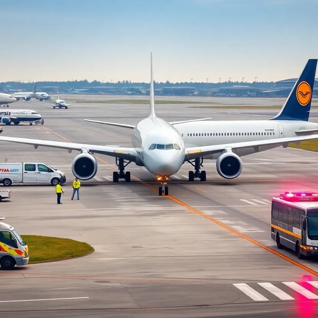 Lufthansa aircraft on runway after emergency landing at Logan International Airport in Boston