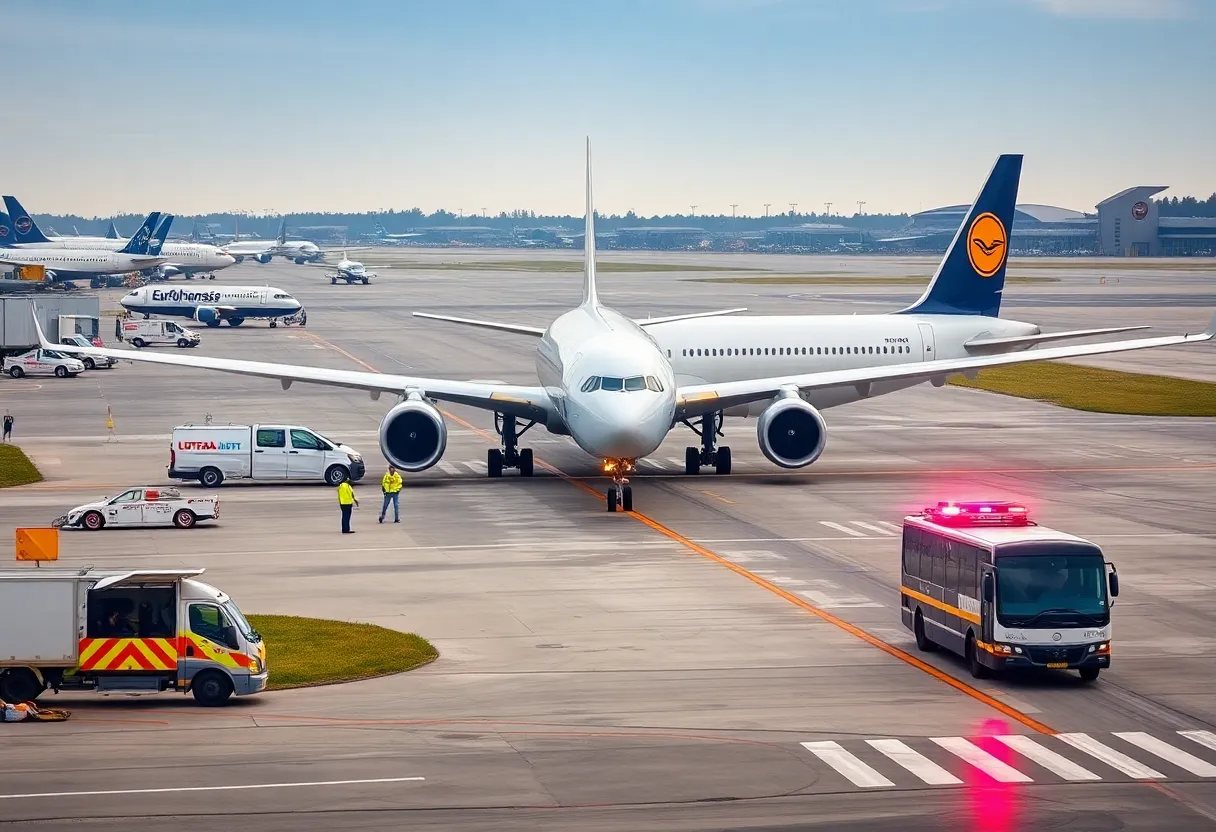 Lufthansa aircraft on runway after emergency landing at Logan International Airport in Boston