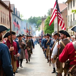 Reenactors celebrating the 250th anniversary of the American Revolution in Massachusetts.