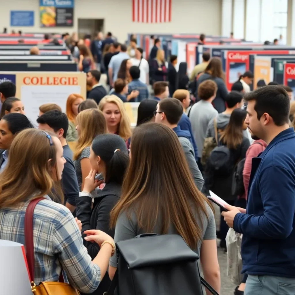 College recruiters engaging with students at a college fair in Massachusetts.