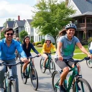 Diverse cyclists riding e-bikes in a Massachusetts town