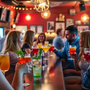 Patrons enjoying happy hour drinks at a Massachusetts bar