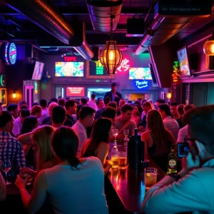Crowded bar with patrons enjoying drinks and socializing in Massachusetts