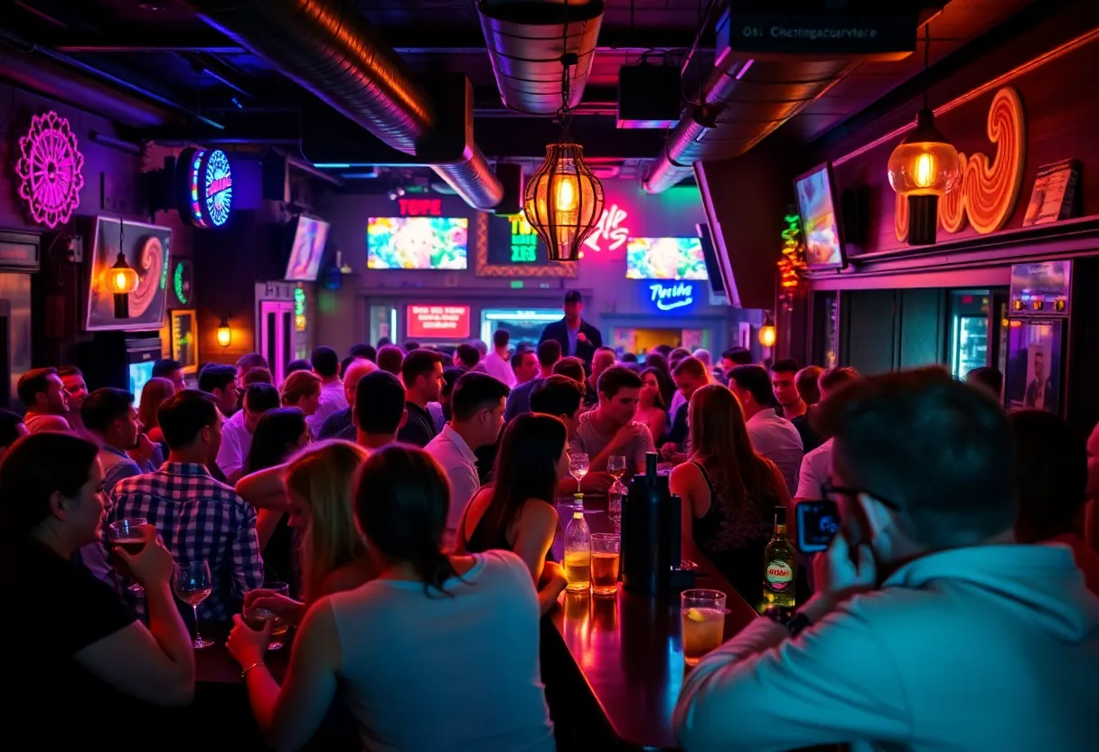 Crowded bar with patrons enjoying drinks and socializing in Massachusetts