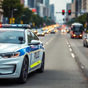A Massachusetts police cruiser using advanced safety technology on a busy street.
