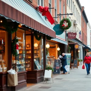 Massachusetts small business street with holiday decorations and shoppers