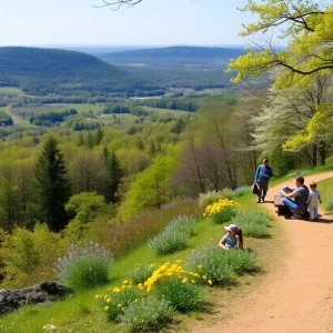Families enjoying spring break activities in a Massachusetts state park.