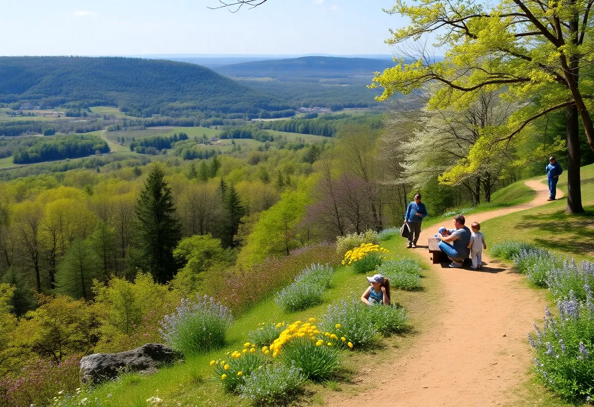 Families enjoying spring break activities in a Massachusetts state park.