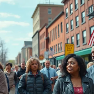 A cityscape of Massachusetts showing residents concerned about rising unemployment claims.