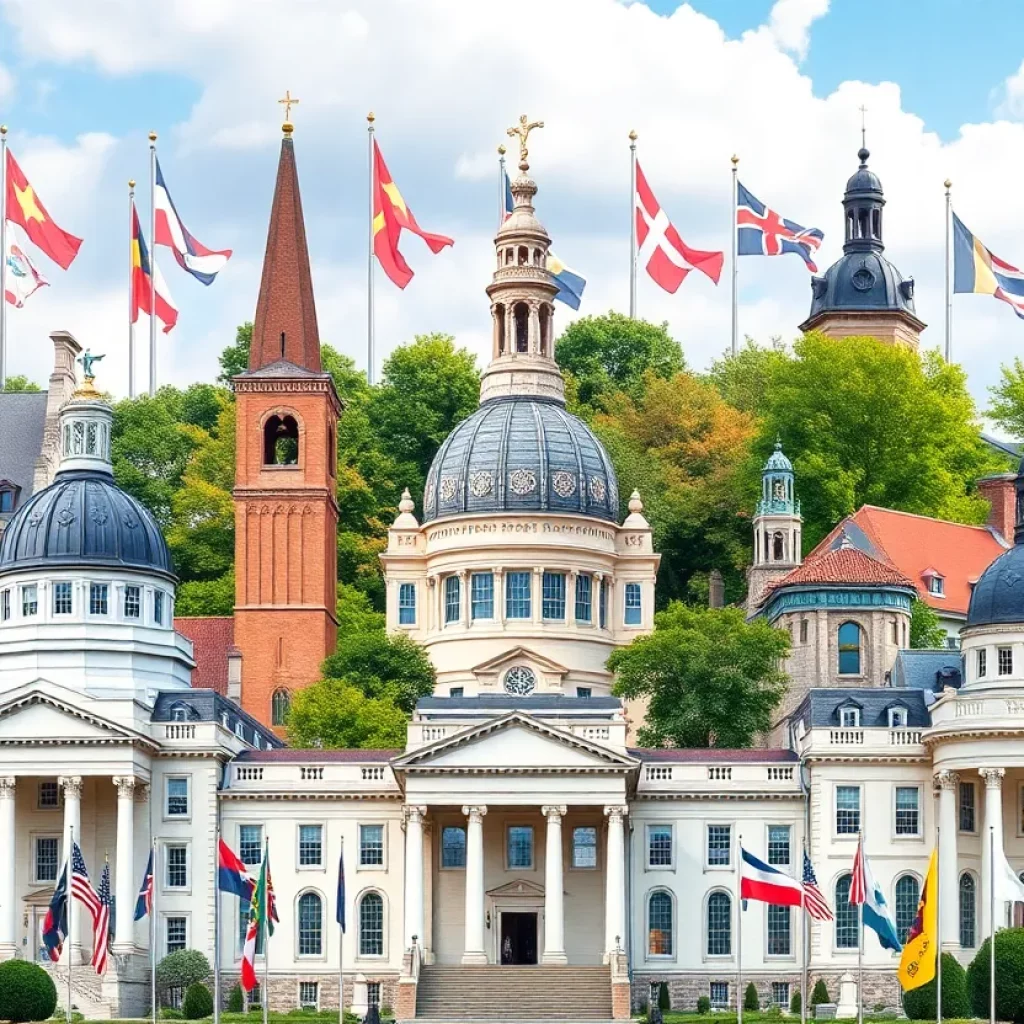 A collage depicting Massachusetts universities and international flags symbolizing student diversity