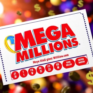 Illustration of a Mega Millions lottery ticket with symbols of luck and hope.