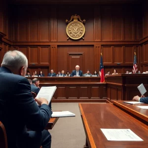A courtroom with legal proceedings related to the Meta antitrust trial