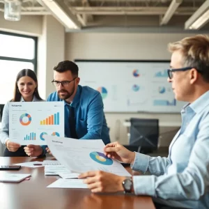Employees in an office discussing performance management