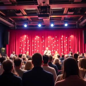 Community members rallying for a comedy benefit show.