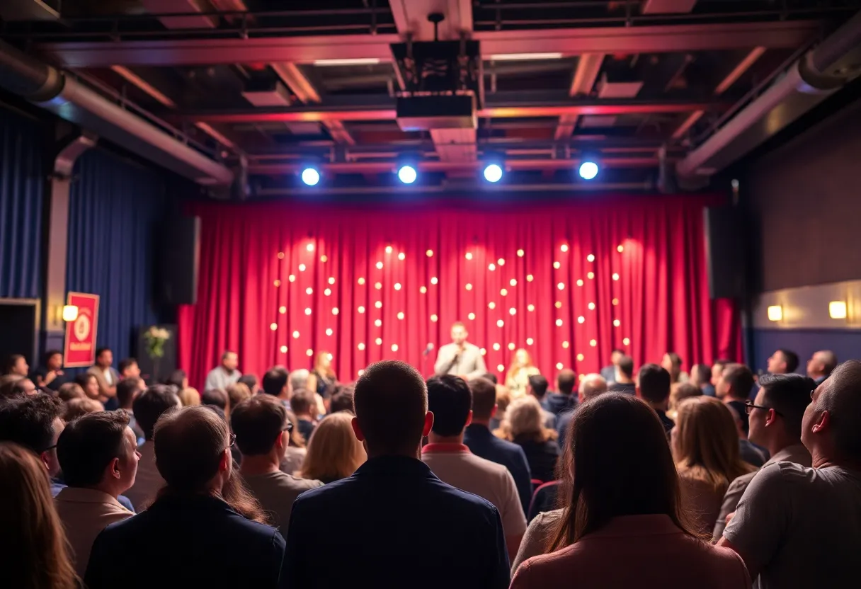 Community members rallying for a comedy benefit show.