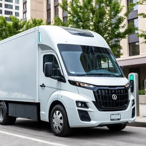 Electric truck parked with charging stations