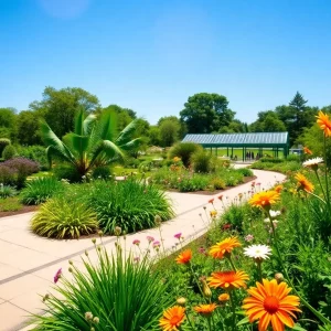 A beautiful landscape of the New England Botanic Garden filled with various plants and flowers.